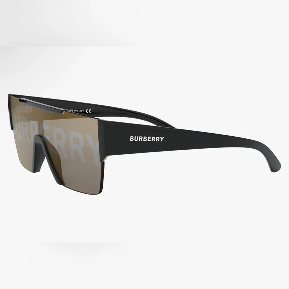 Burberry Black Plastic Rectangle Sunglasses Gold Mirror Lens - Picture 2 of 11